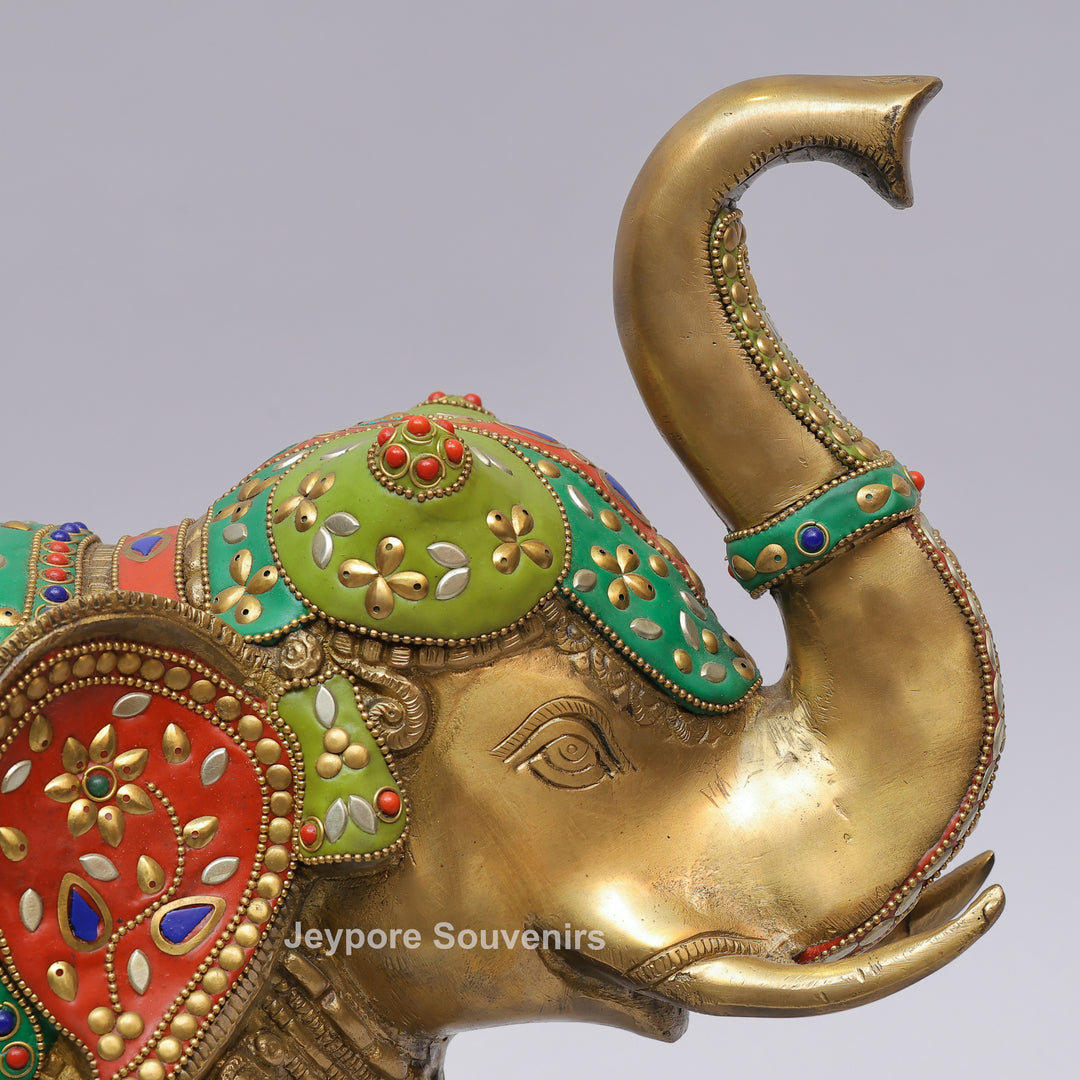 Handcrafted Brass Elephant Statue with Multicolor Gemstone &amp; Stone Inlay