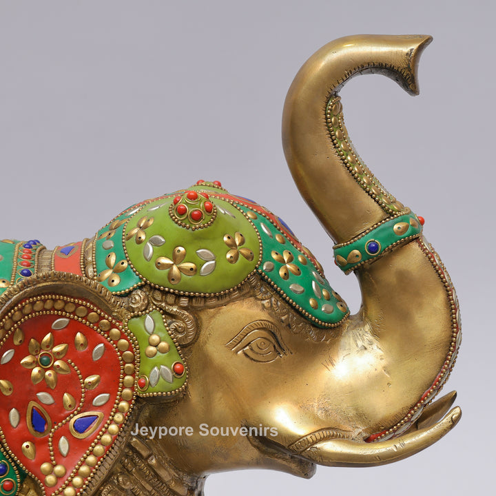 Handcrafted Brass Elephant Statue with Multicolor Gemstone &amp; Stone Inlay