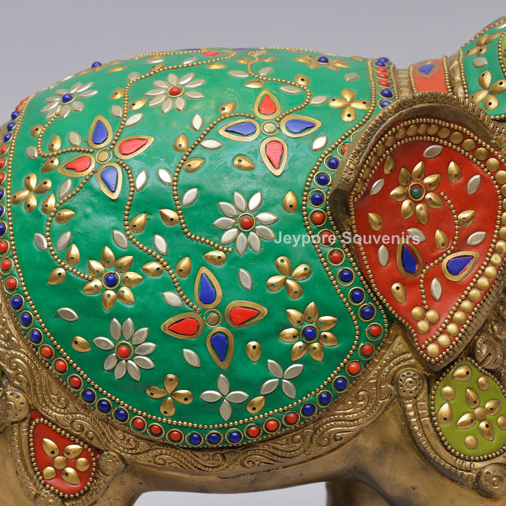 Handcrafted Brass Elephant Statue with Multicolor Gemstone &amp; Stone Inlay