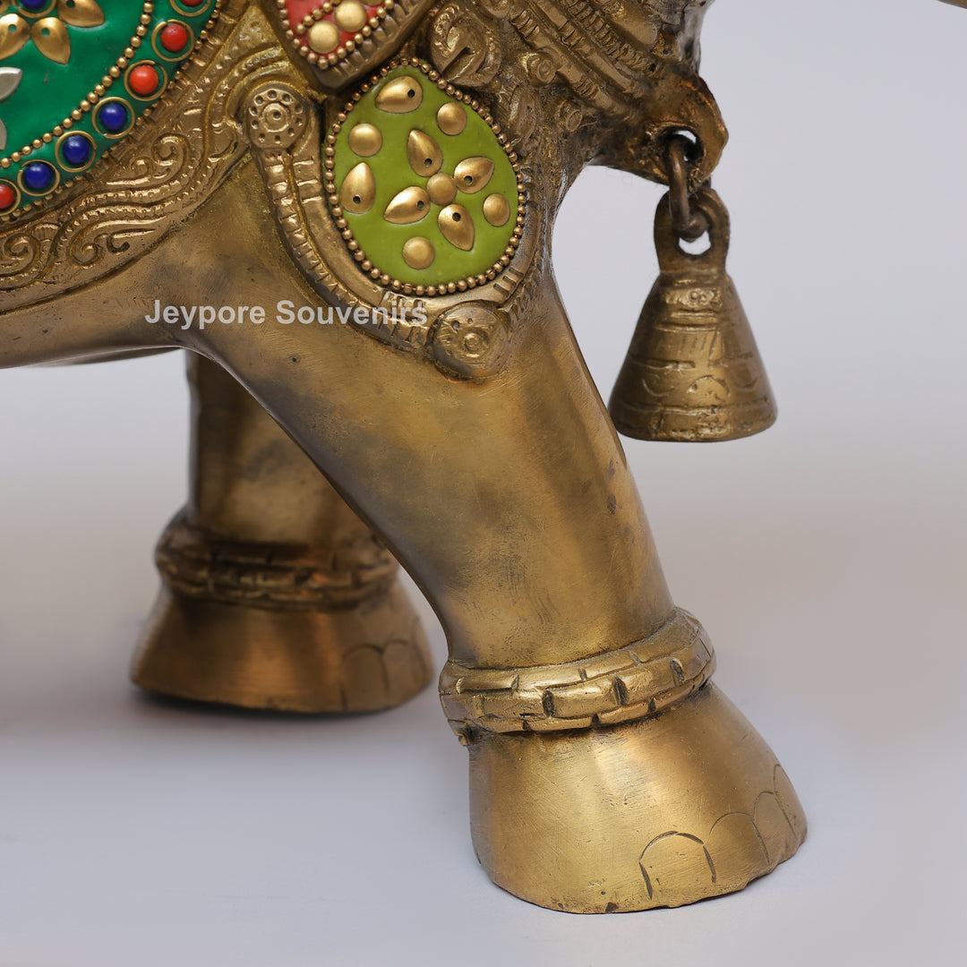 Handcrafted Brass Elephant Statue with Multicolor Gemstone &amp; Stone Inlay