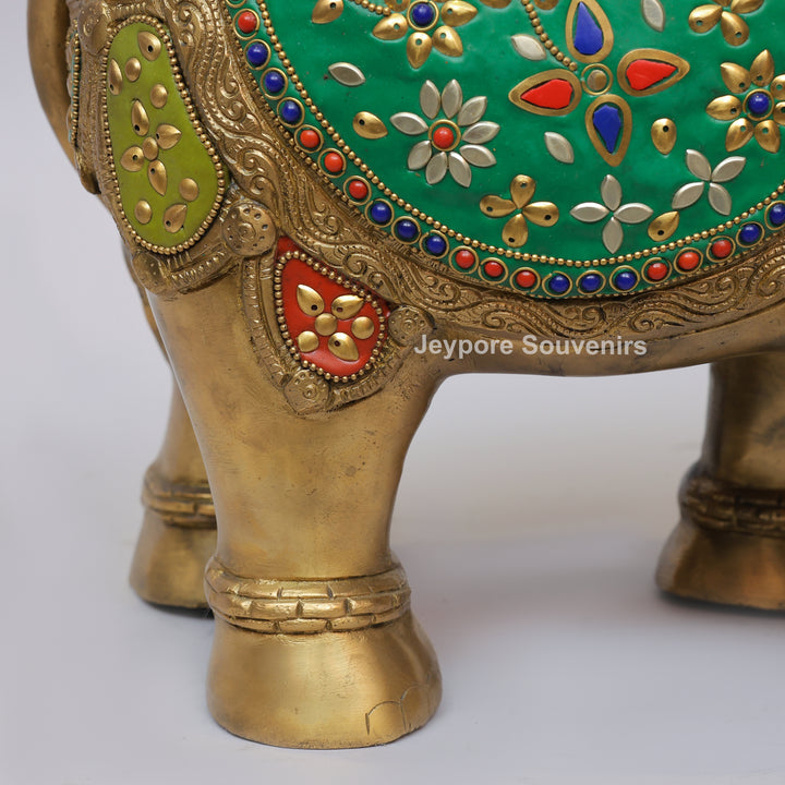 Handcrafted Brass Elephant Statue with Multicolor Gemstone &amp; Stone Inlay