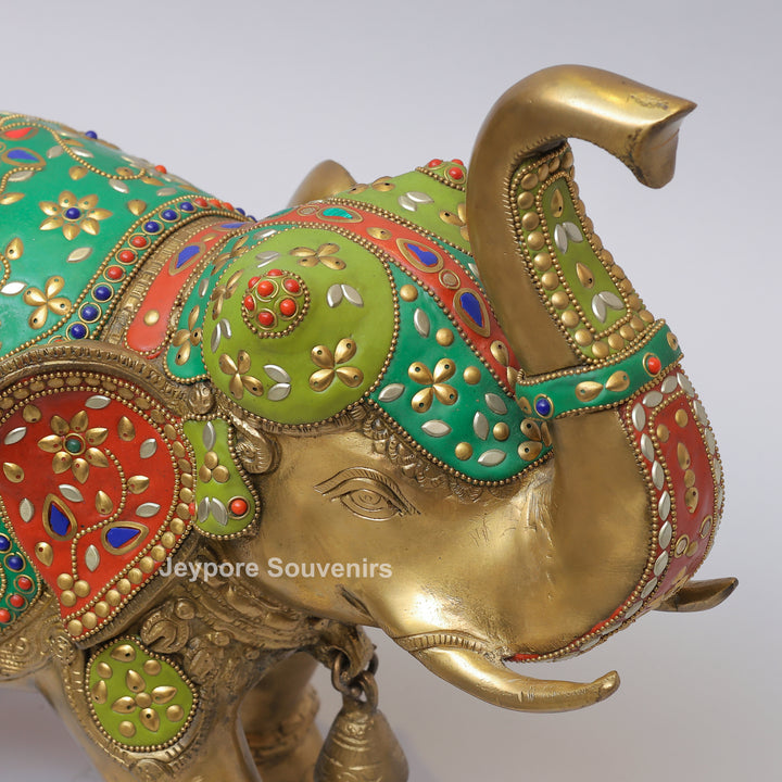 Handcrafted Brass Elephant Statue with Multicolor Gemstone &amp; Stone Inlay