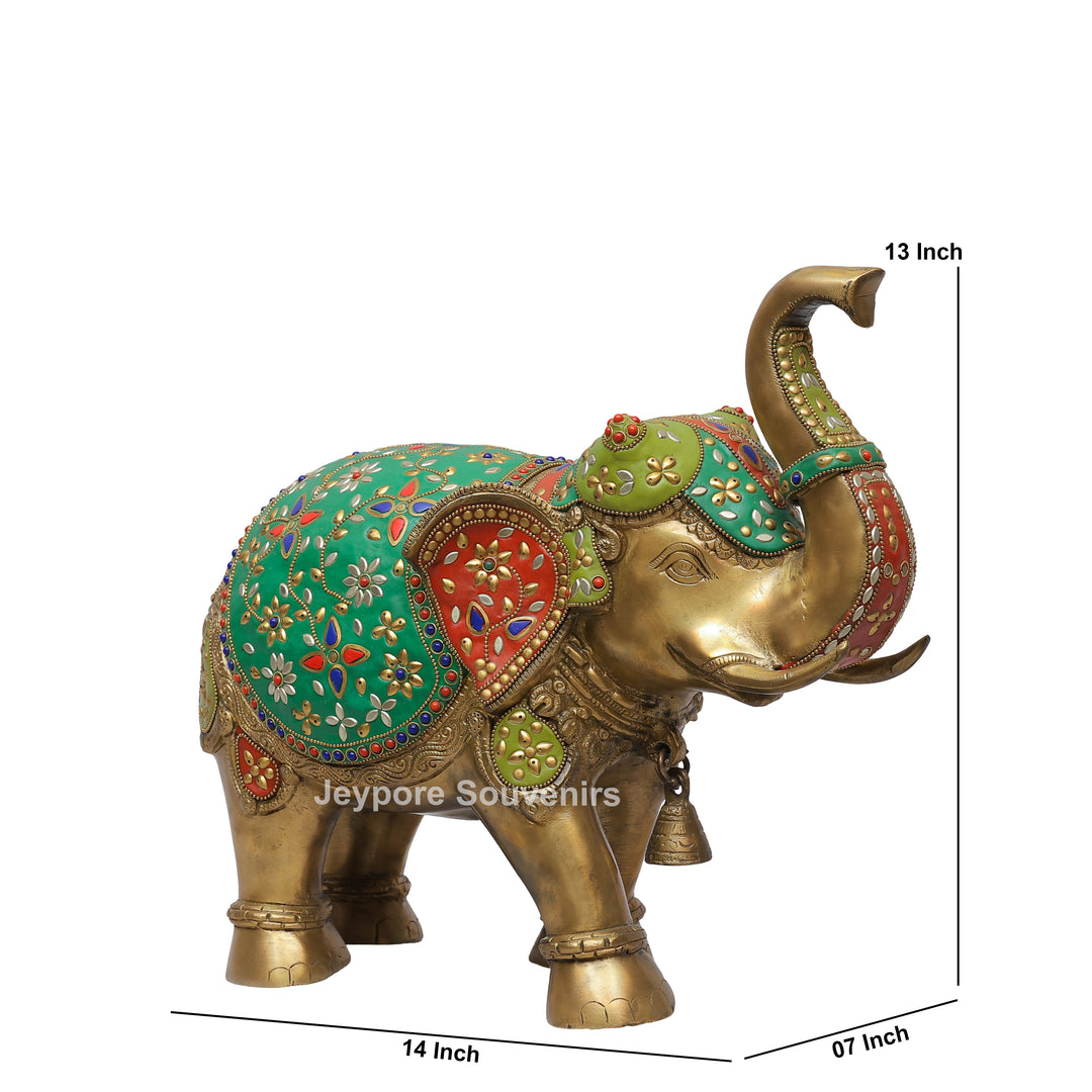 Handcrafted Brass Elephant Statue with Multicolor Gemstone &amp; Stone Inlay