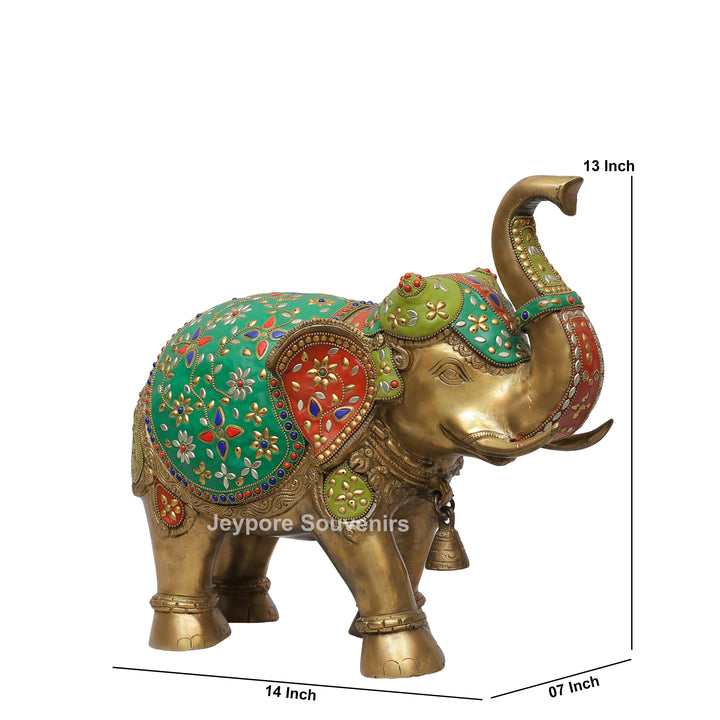 Handcrafted Brass Elephant Statue with Multicolor Gemstone &amp; Stone Inlay