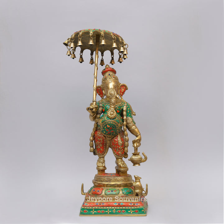 Handcrafted Brass Ganesha Statue Holding Umbrella With Inlay Work