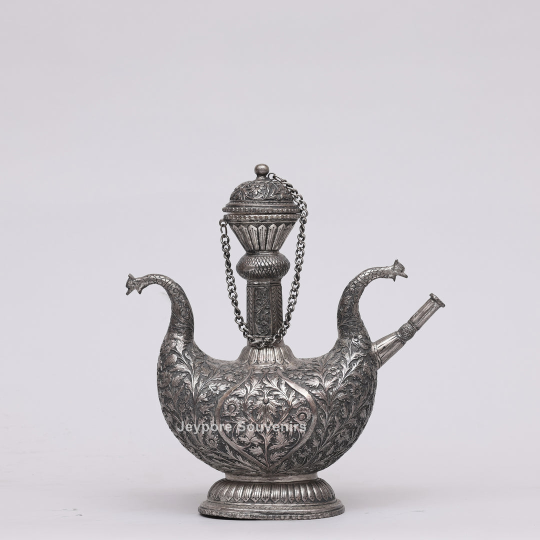 Royal Peacock Shaped Silver Engraved Copper Surahi