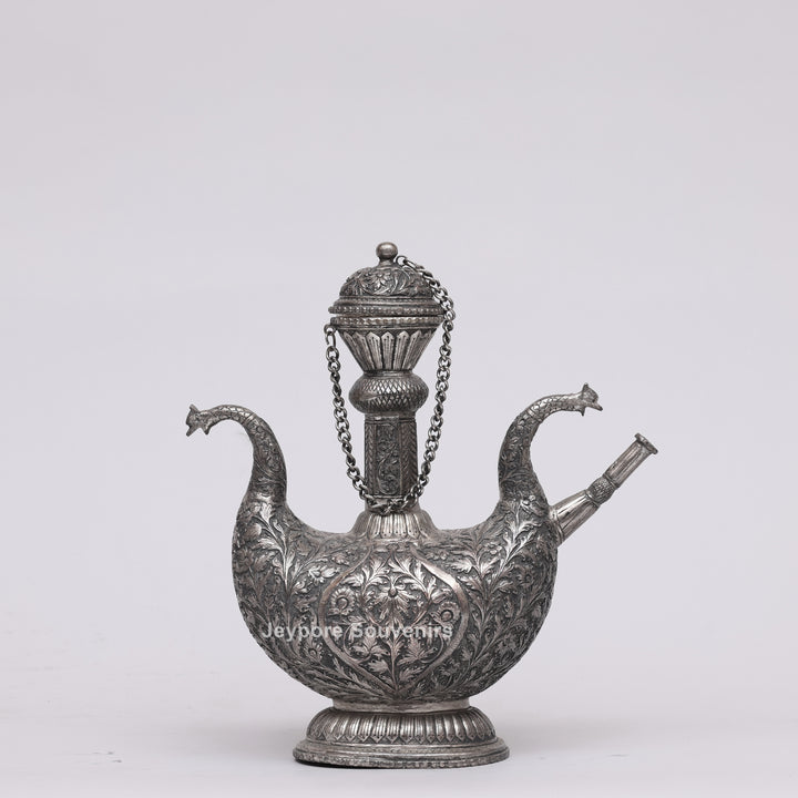 Royal Peacock Shaped Silver Engraved Copper Surahi