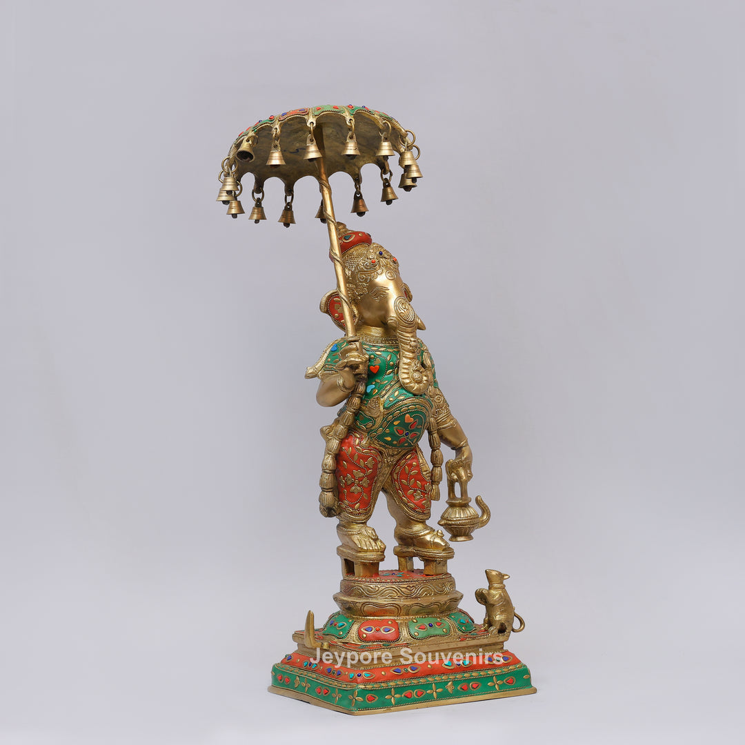 Handcrafted Brass Ganesha Statue Holding Umbrella With Inlay Work