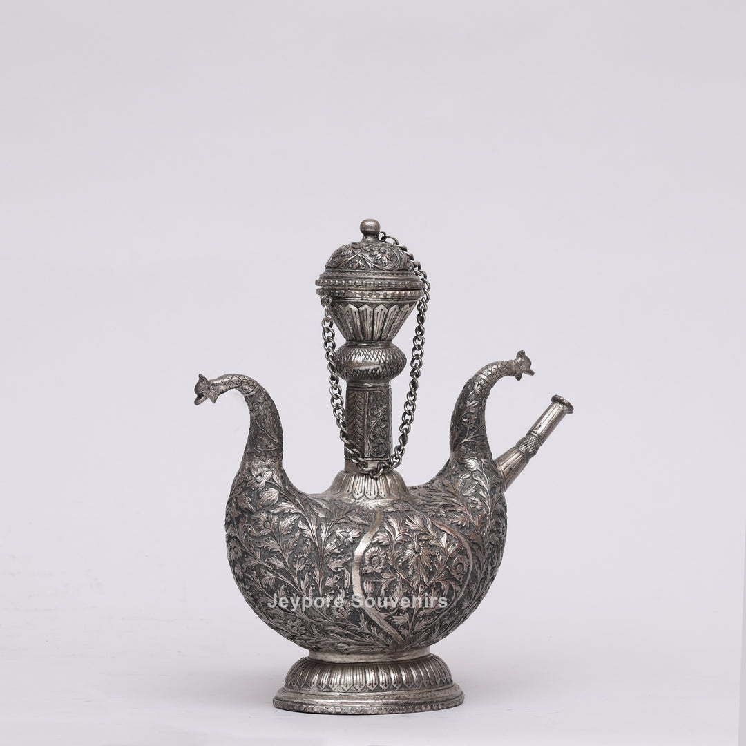 Royal Peacock Shaped Silver Engraved Copper Surahi