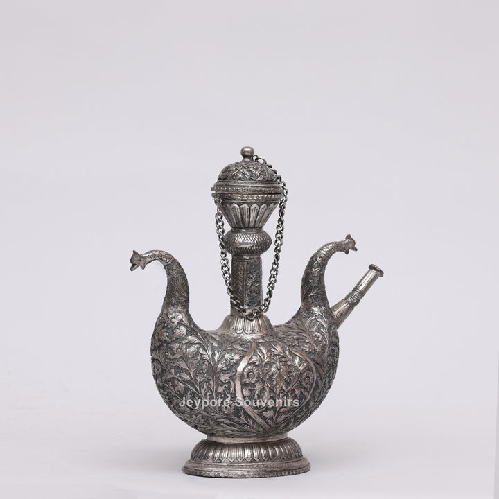 Royal Peacock Shaped Silver Engraved Copper Surahi