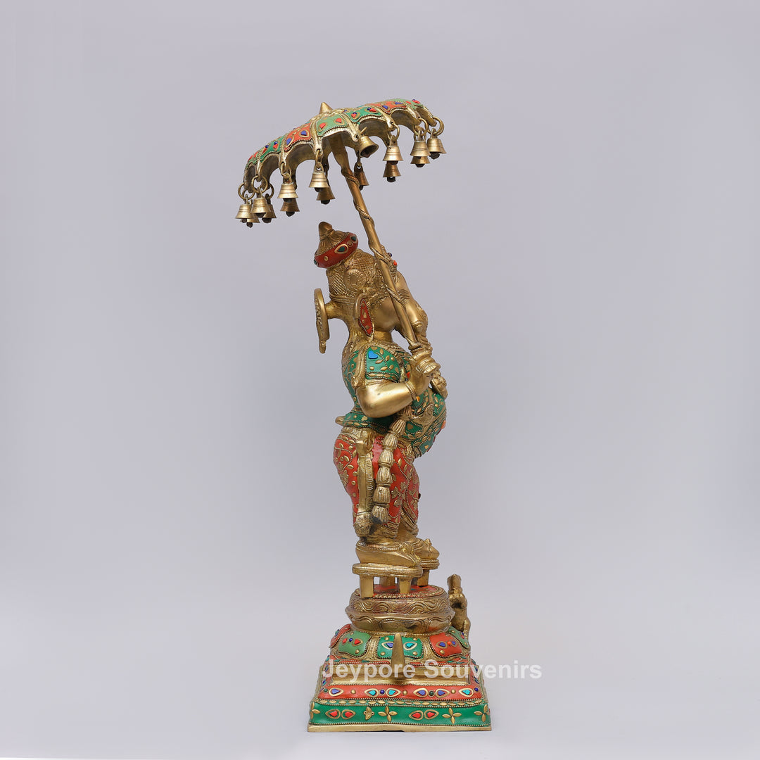 Handcrafted Brass Ganesha Statue Holding Umbrella With Inlay Work