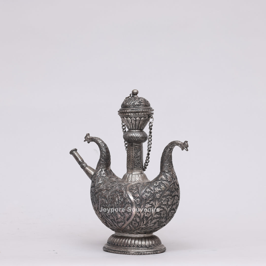 Royal Peacock Shaped Silver Engraved Copper Surahi