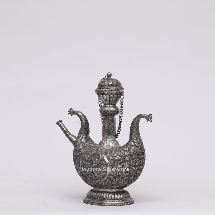 Royal Peacock Shaped Silver Engraved Copper Surahi