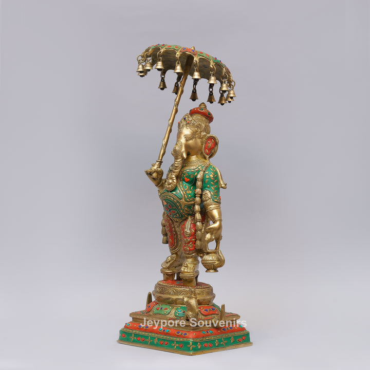 Handcrafted Brass Ganesha Statue Holding Umbrella With Inlay Work