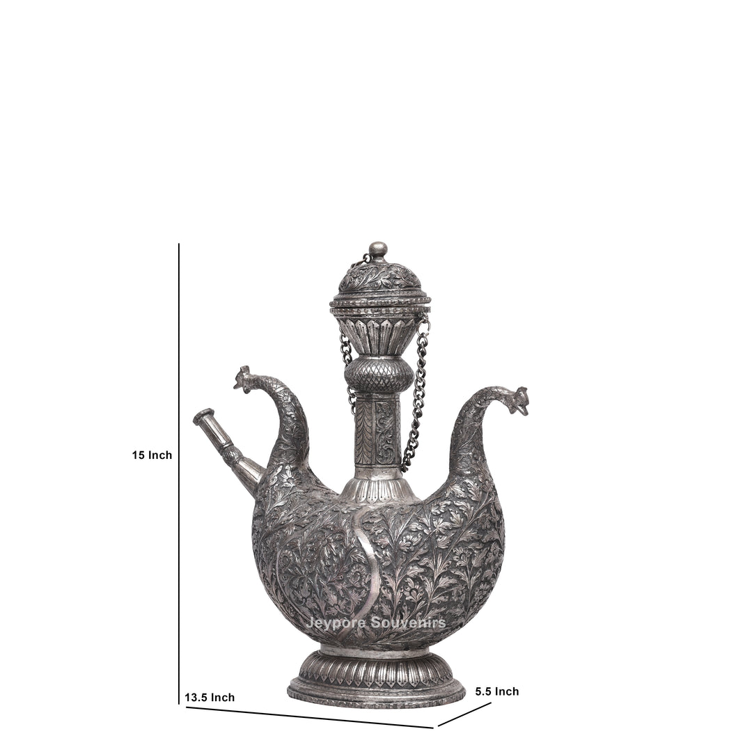 Royal Peacock Shaped Silver Engraved Copper Surahi