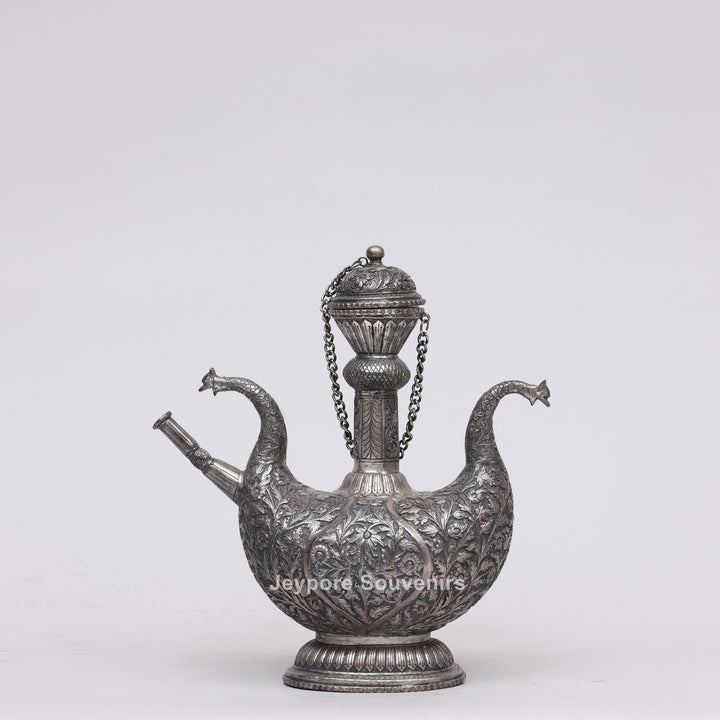 Royal Peacock Shaped Silver Engraved Copper Surahi
