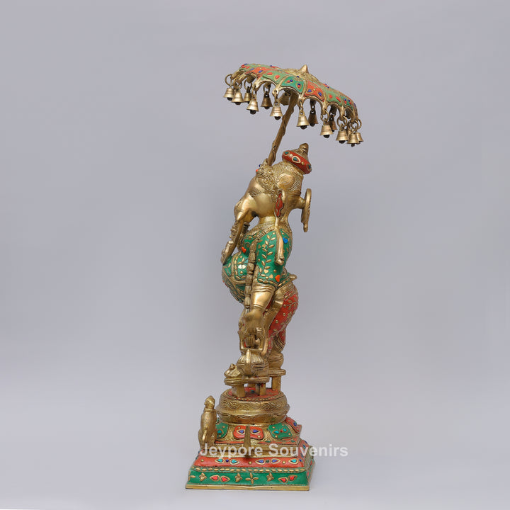 Handcrafted Brass Ganesha Statue Holding Umbrella With Inlay Work