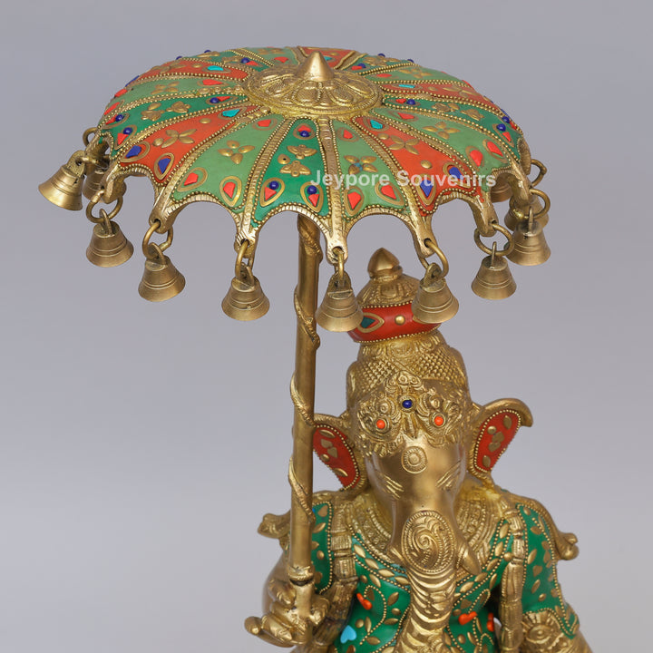 Handcrafted Brass Ganesha Statue Holding Umbrella With Inlay Work