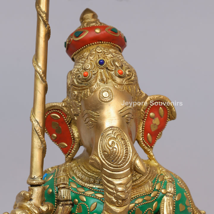 Handcrafted Brass Ganesha Statue Holding Umbrella With Inlay Work