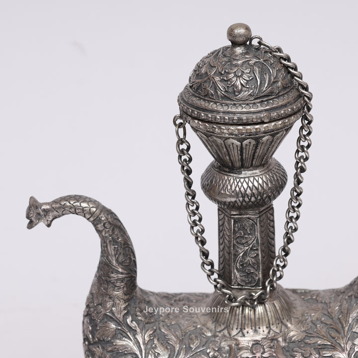 Royal Peacock Shaped Silver Engraved Copper Surahi