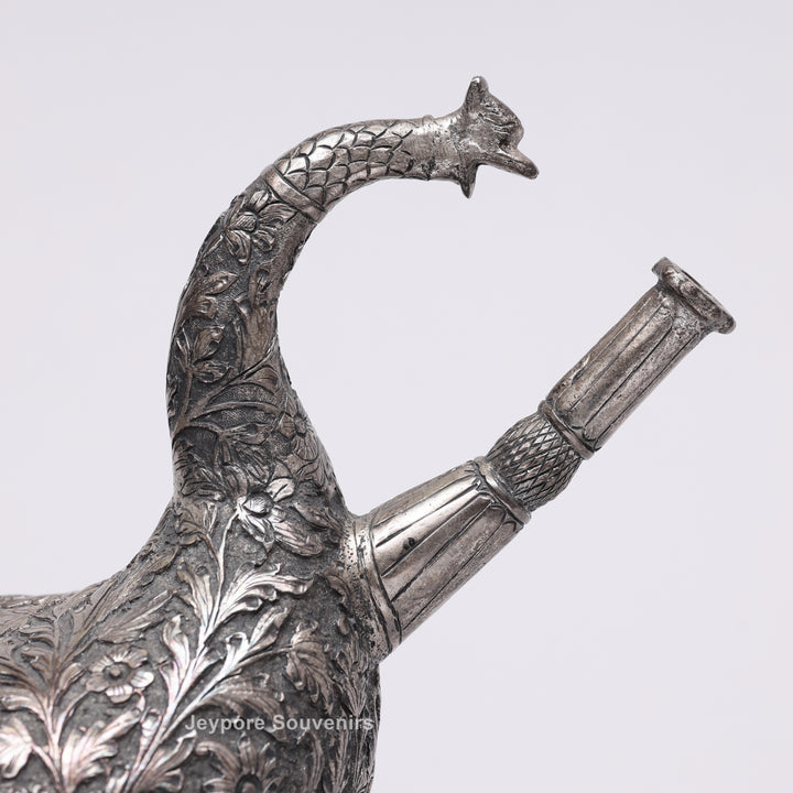 Royal Peacock Shaped Silver Engraved Copper Surahi