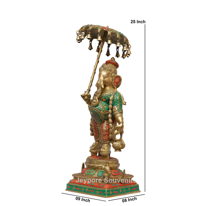 Handcrafted Brass Ganesha Statue Holding Umbrella With Inlay Work