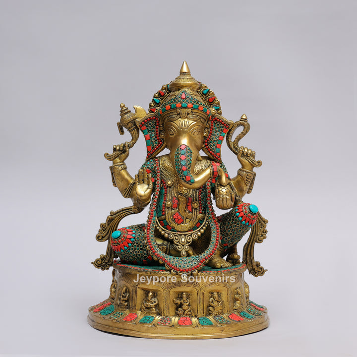 Handcrafted Brass Lord Ganesha Statue with Turquoise &amp; Coral Stone Inlay
