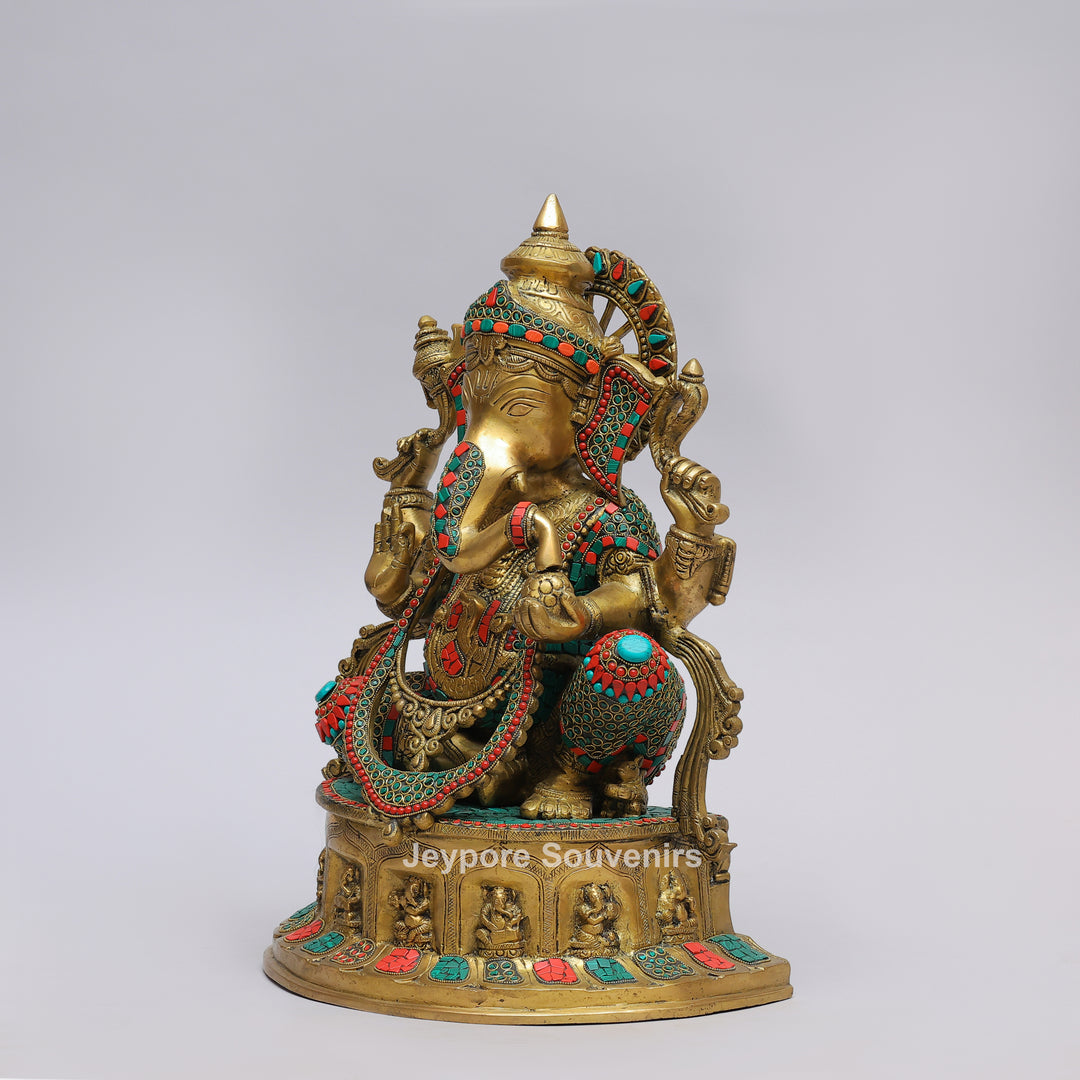 Handcrafted Brass Lord Ganesha Statue with Turquoise &amp; Coral Stone Inlay