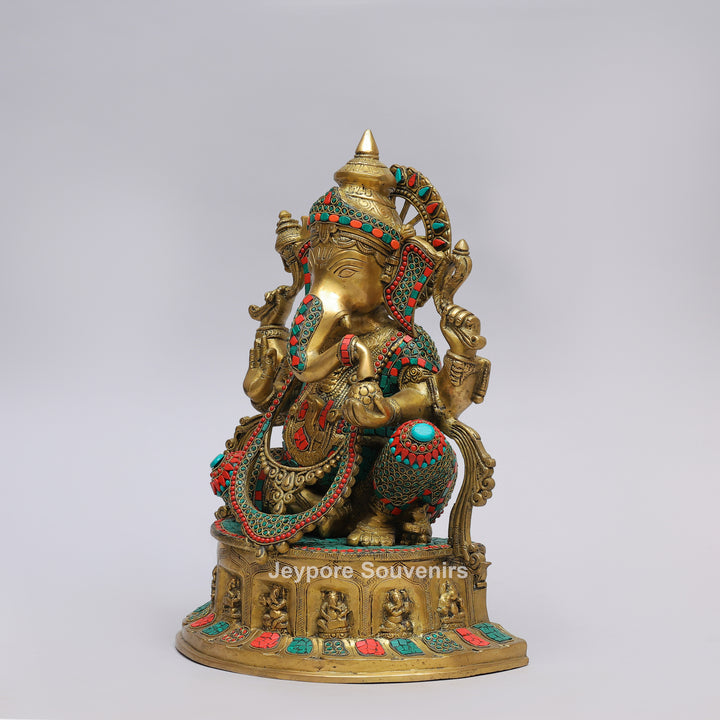 Handcrafted Brass Lord Ganesha Statue with Turquoise &amp; Coral Stone Inlay