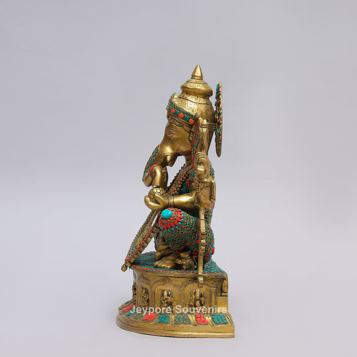 Handcrafted Brass Lord Ganesha Statue with Turquoise &amp; Coral Stone Inlay