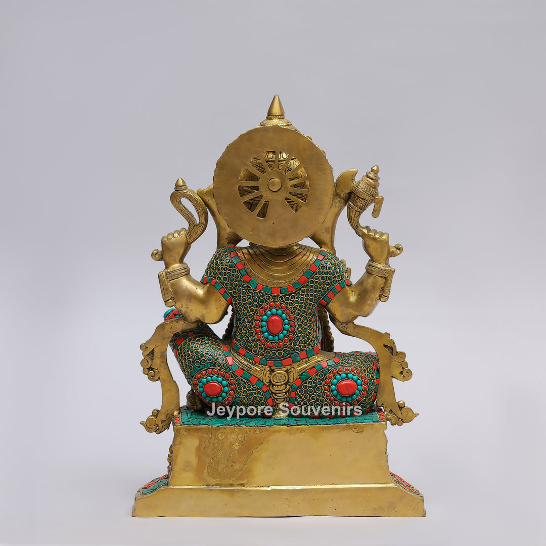 Handcrafted Brass Lord Ganesha Statue with Turquoise &amp; Coral Stone Inlay