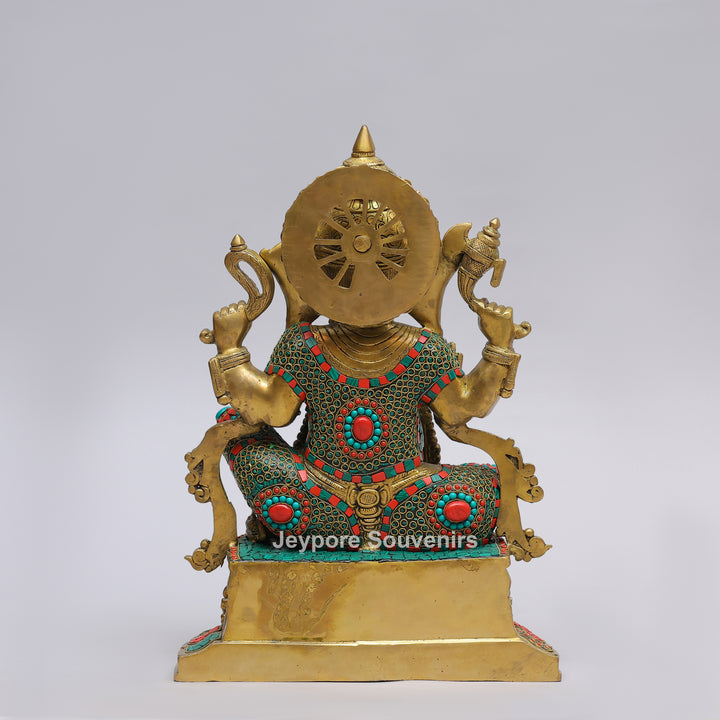 Handcrafted Brass Lord Ganesha Statue with Turquoise &amp; Coral Stone Inlay