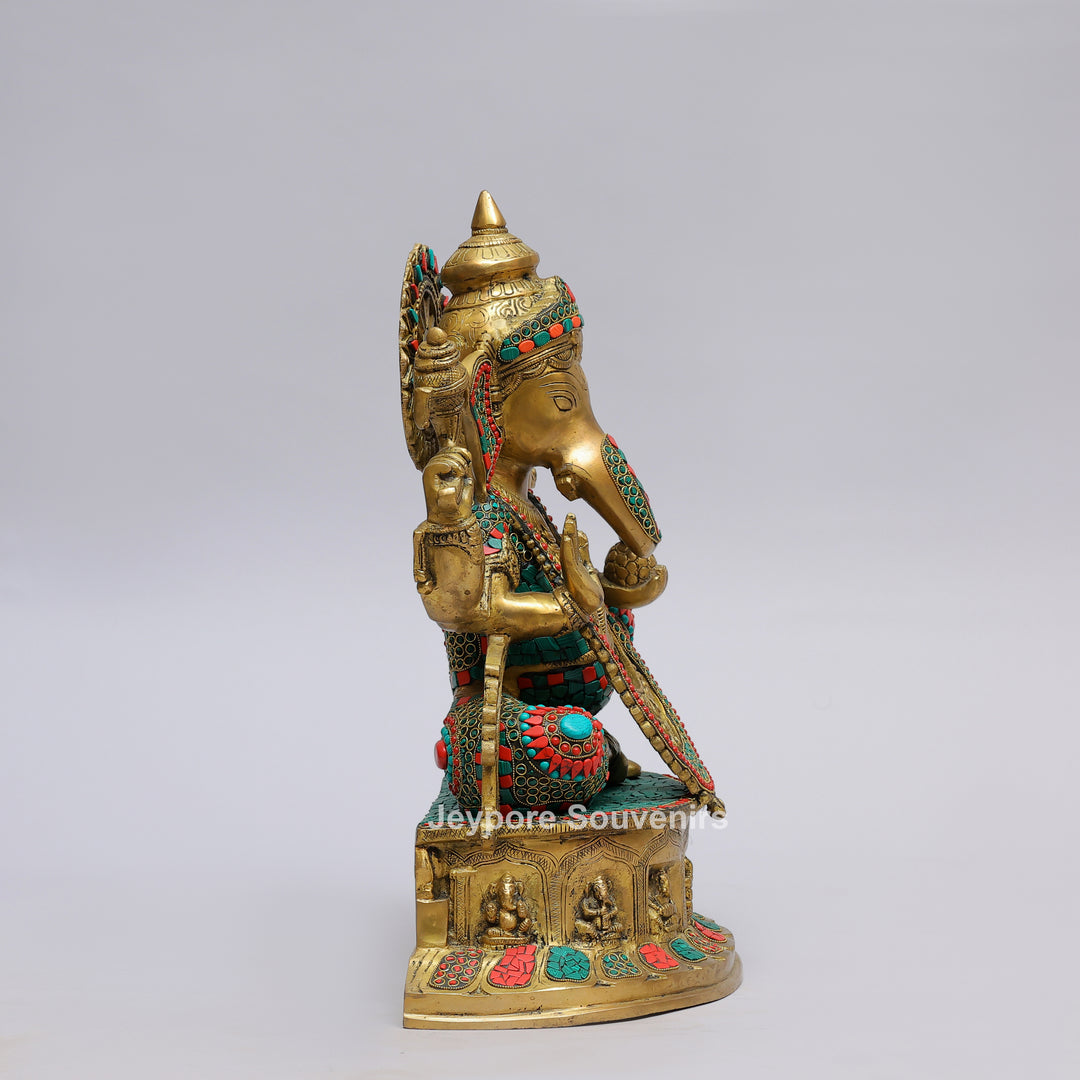Handcrafted Brass Lord Ganesha Statue with Turquoise &amp; Coral Stone Inlay
