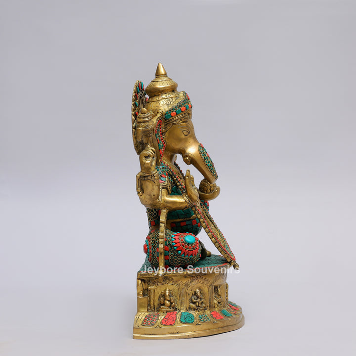 Handcrafted Brass Lord Ganesha Statue with Turquoise &amp; Coral Stone Inlay