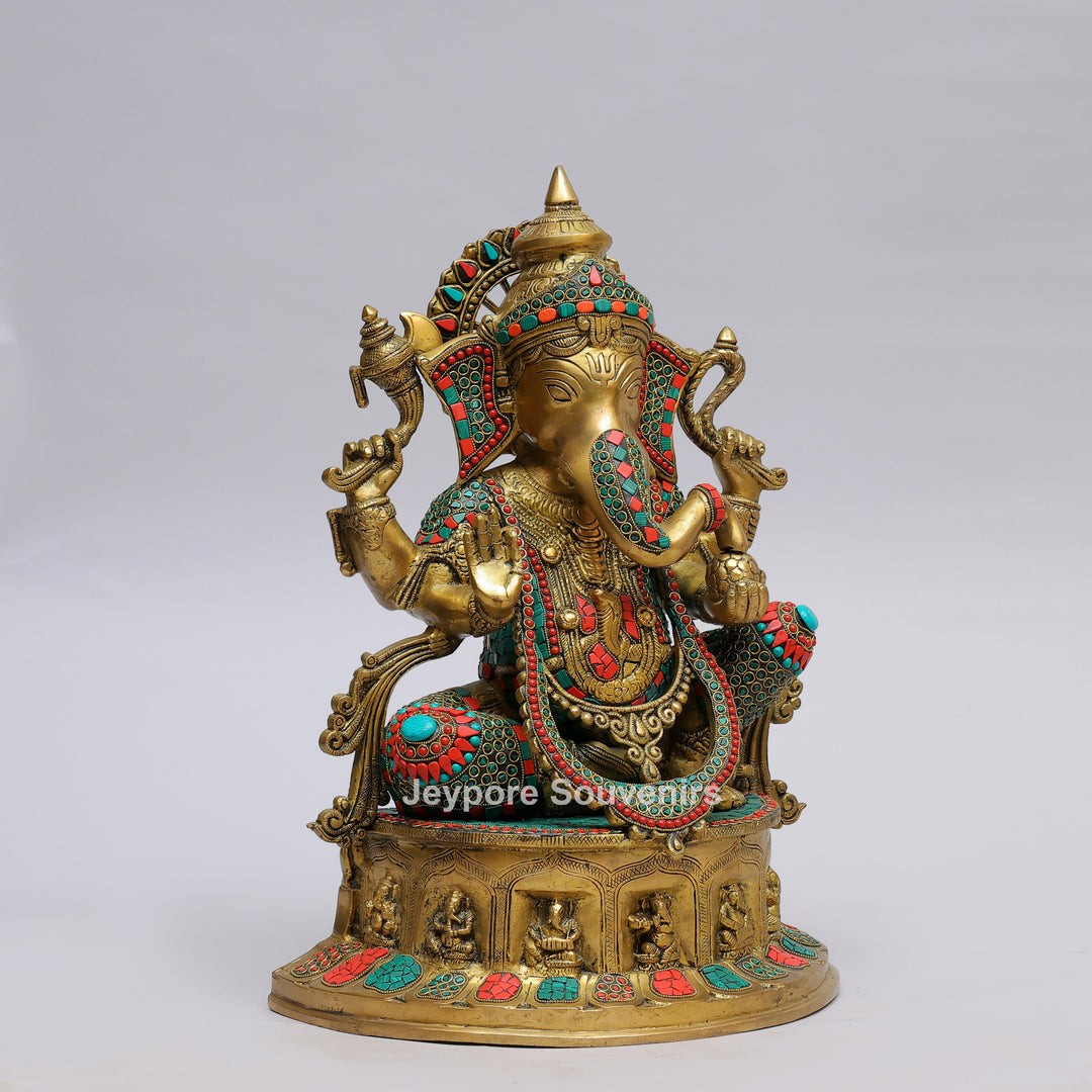 Handcrafted Brass Lord Ganesha Statue with Turquoise &amp; Coral Stone Inlay
