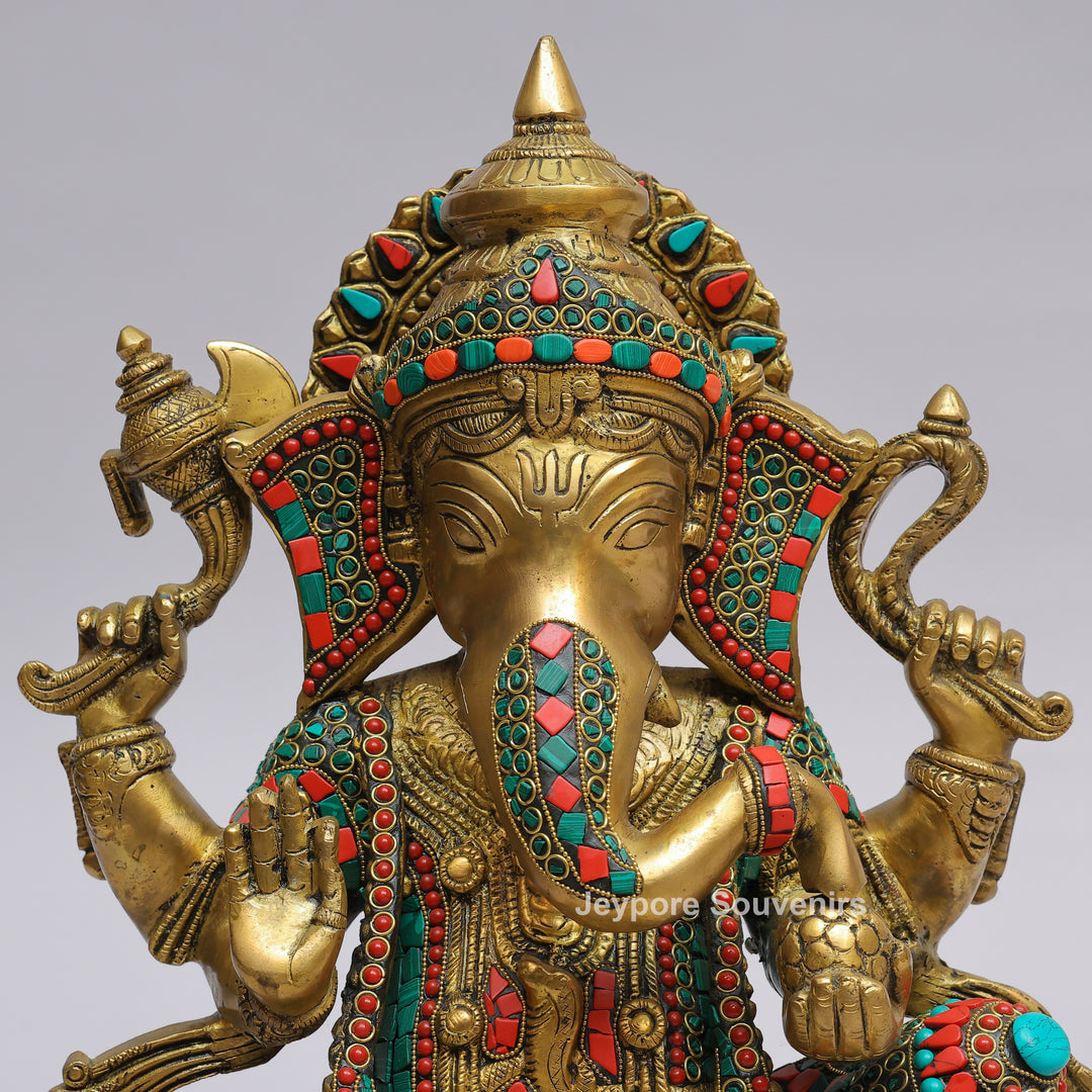 Handcrafted Brass Lord Ganesha Statue with Turquoise &amp; Coral Stone Inlay