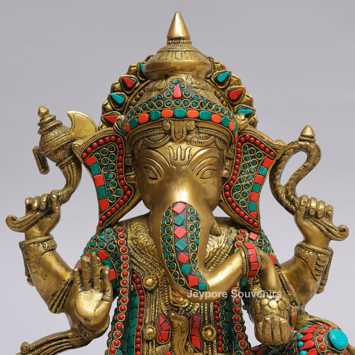 Handcrafted Brass Lord Ganesha Statue with Turquoise &amp; Coral Stone Inlay