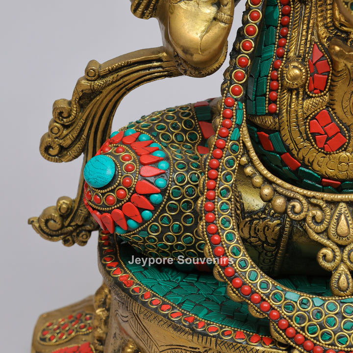 Handcrafted Brass Lord Ganesha Statue with Turquoise &amp; Coral Stone Inlay