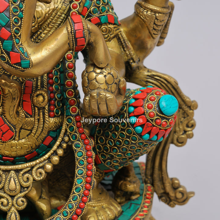 Handcrafted Brass Lord Ganesha Statue with Turquoise &amp; Coral Stone Inlay