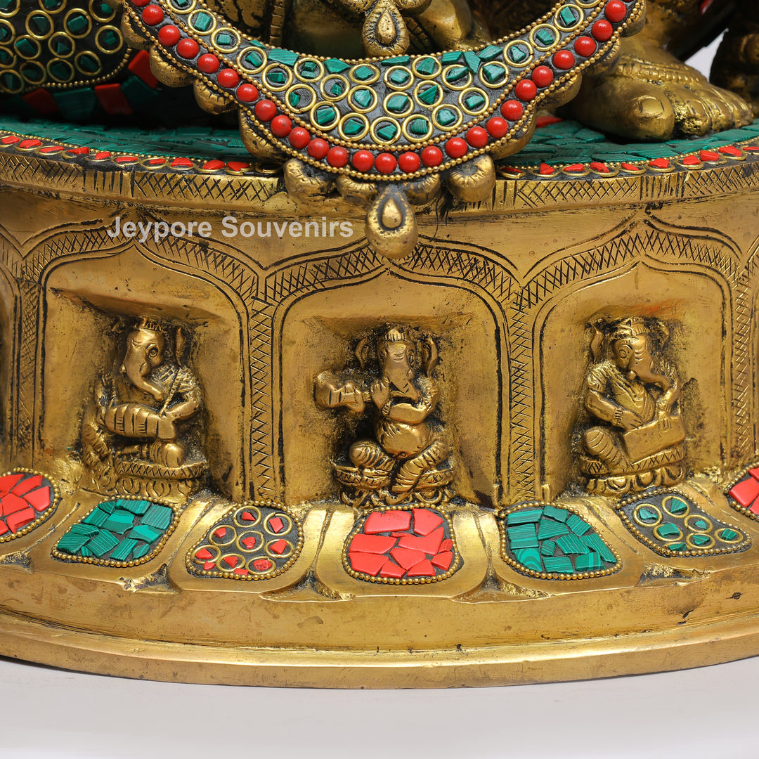 Handcrafted Brass Lord Ganesha Statue with Turquoise &amp; Coral Stone Inlay