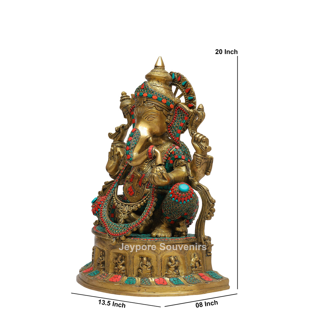 Handcrafted Brass Lord Ganesha Statue with Turquoise &amp; Coral Stone Inlay