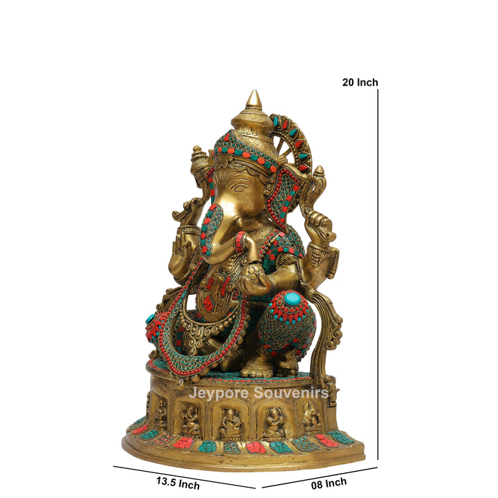 Handcrafted Brass Lord Ganesha Statue with Turquoise &amp; Coral Stone Inlay