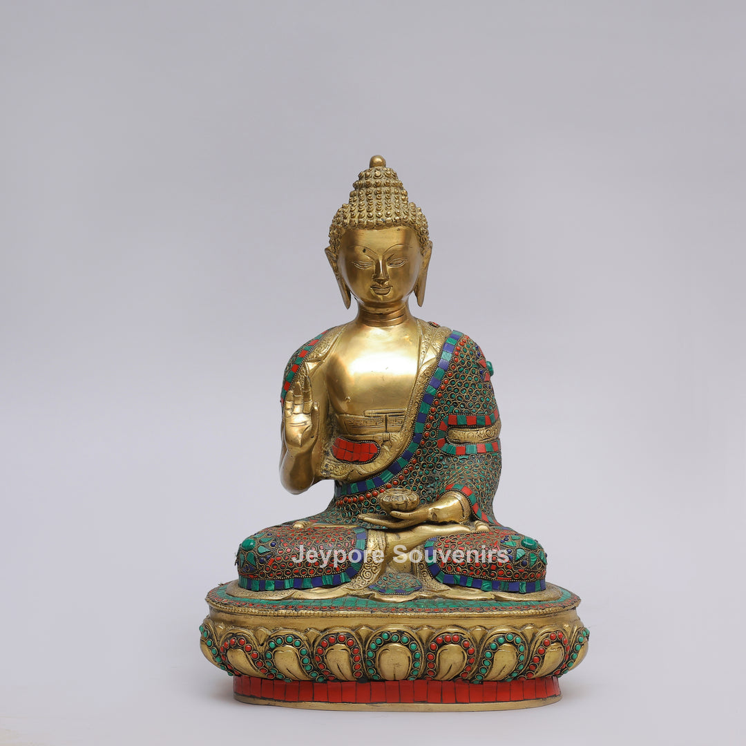 Handcrafted Brass Buddha Statue in Vitarka Mudra with Turquoise &amp; Coral Inlay