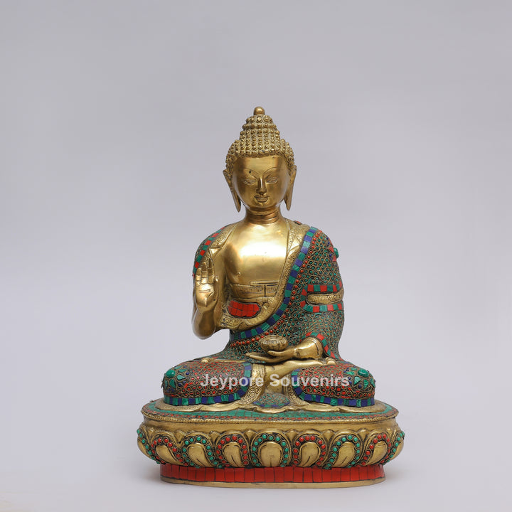 Handcrafted Brass Buddha Statue in Vitarka Mudra with Turquoise &amp; Coral Inlay
