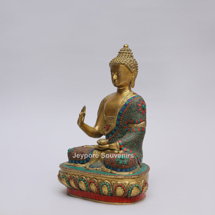 Handcrafted Brass Buddha Statue in Vitarka Mudra with Turquoise &amp; Coral Inlay