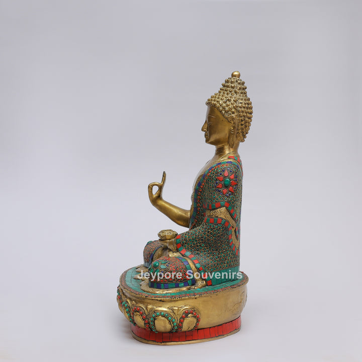 Handcrafted Brass Buddha Statue in Vitarka Mudra with Turquoise &amp; Coral Inlay