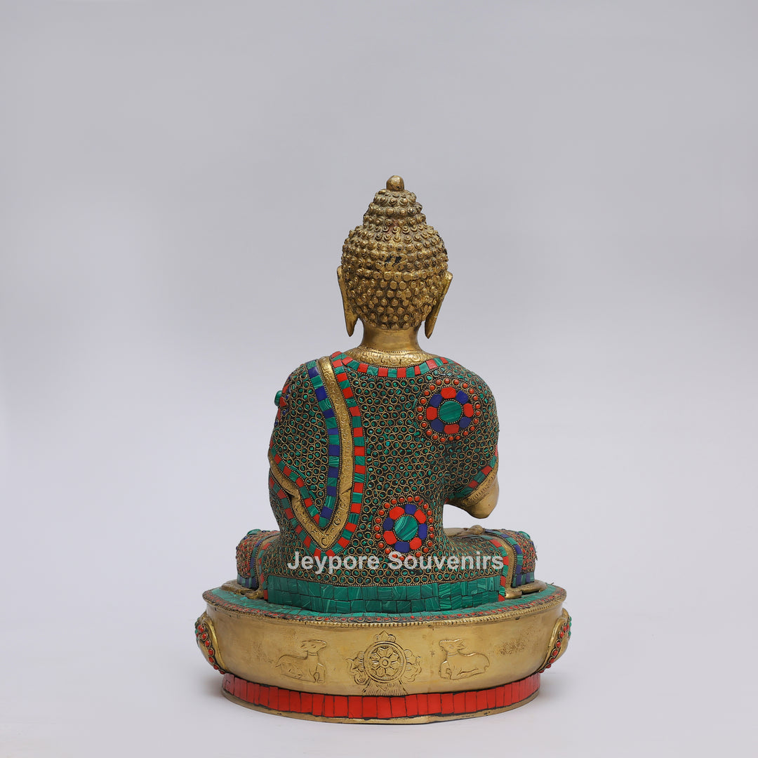 Handcrafted Brass Buddha Statue in Vitarka Mudra with Turquoise &amp; Coral Inlay