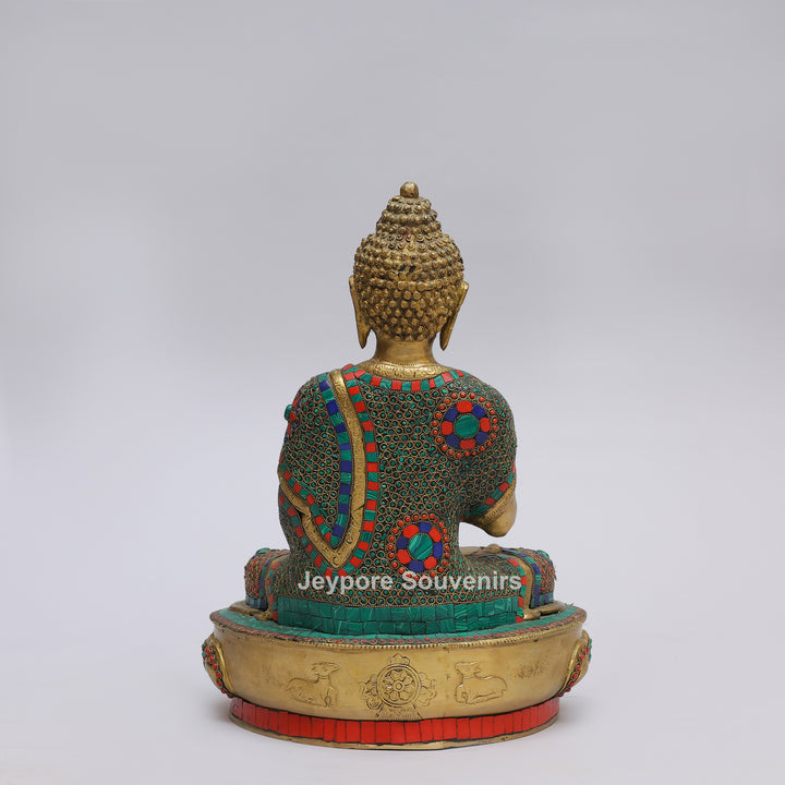 Handcrafted Brass Buddha Statue in Vitarka Mudra with Turquoise &amp; Coral Inlay