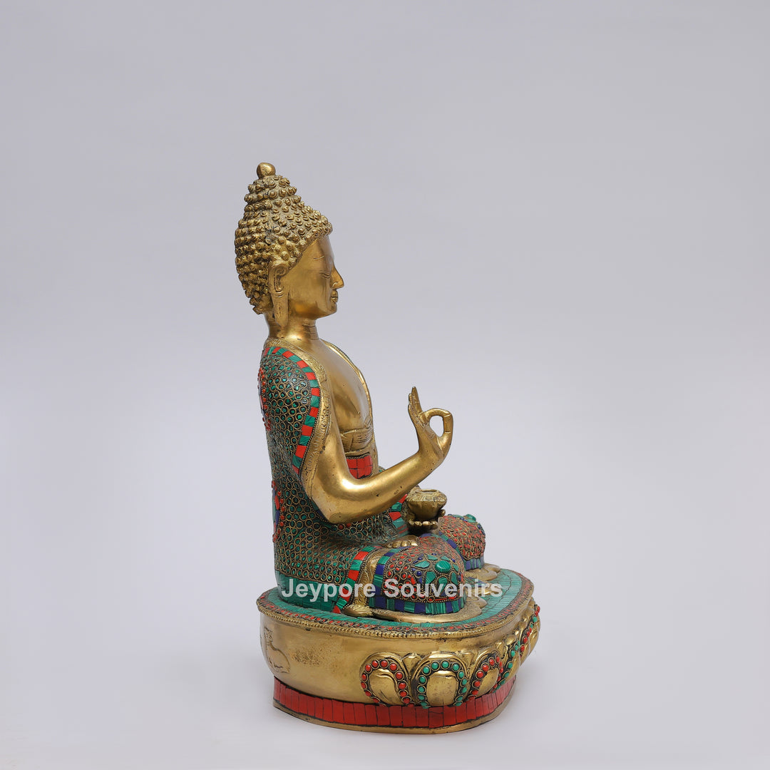 Handcrafted Brass Buddha Statue in Vitarka Mudra with Turquoise &amp; Coral Inlay