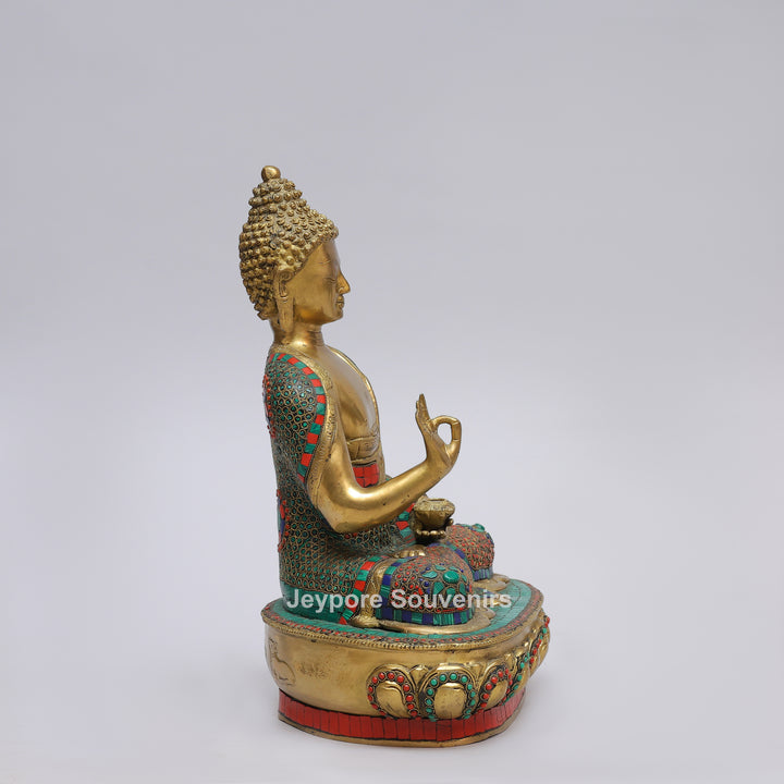 Handcrafted Brass Buddha Statue in Vitarka Mudra with Turquoise &amp; Coral Inlay